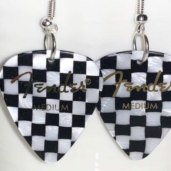 NEW Handmade Classic Checkered Guitar Pick Silver Drop Hook Earrings - Picture 6 of 8